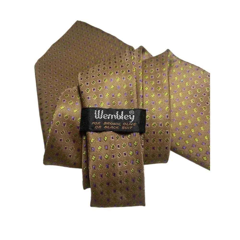 Vintage Wembley Olive Lime Green Dark Royal Purple Spotted Pattern Tie 53.5 x 4